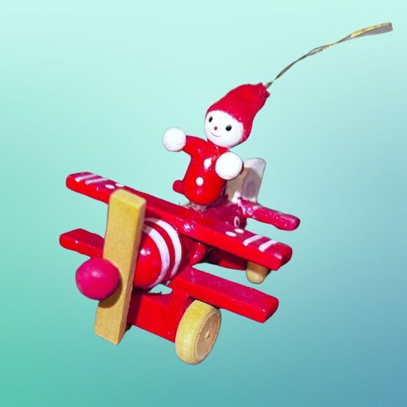 Vintage Handpainted Wooden Christmas Airplane Figurine Ornament - Picture 3 of 5